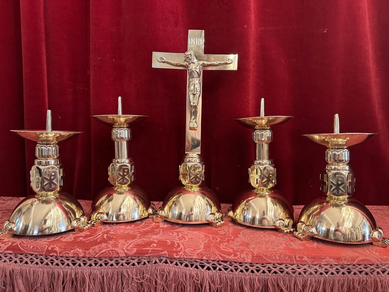 5 art - deco Altar - Set Matching Candle Sticks With Cross. Measures Candle Sticks Without Pin