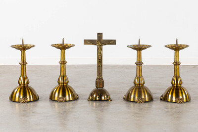 Candle Sticks With Machting Cross  style art - deco en Brass / Bronze , Belgium  20 th century ( Anno 1930 )