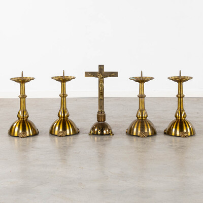 Candle Sticks With Machting Cross  style art - deco en Brass / Bronze , Belgium  20 th century ( Anno 1930 )