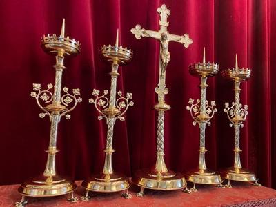 Candle Sticks With Matching Cross Altar Set  Measures: Cross style Gothic - style en Bronze / Polished and Varnished, Belgium 19 th century ( Anno 1890 )