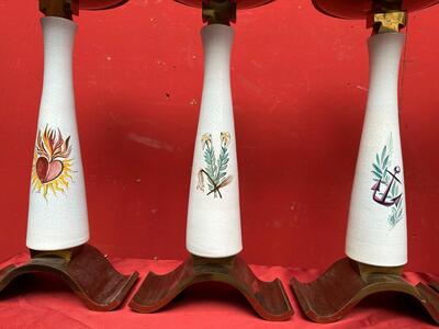 6 art - deco Matching Candle Holders Hand Painted Symbols High Quality Glazed