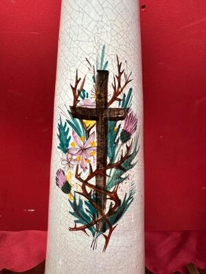 6 art - deco Matching Candle Holders Hand Painted Symbols High Quality Glazed