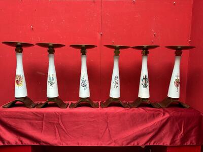 6 art - deco Matching Candle Holders Hand Painted Symbols High Quality Glazed
