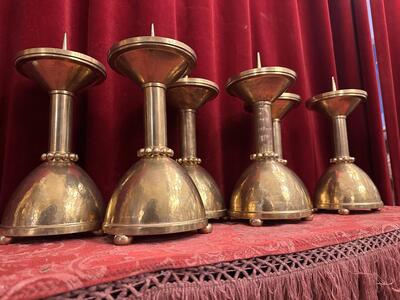 Matching Set Candle Sticks Height Without Pin. style art - deco en Brass / Hand - Hammered, Belgium  20 th century ( Anno 1930 )