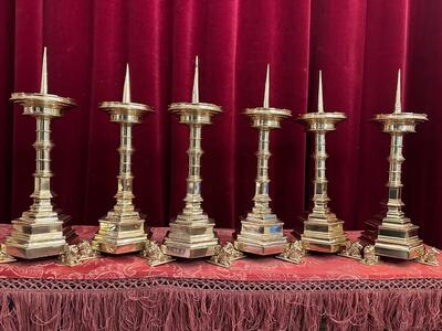 Matching Candle Sticks ( Atar - Set ) Height Without Pin. style Gothic - Style en Bronze / Polished and Varnished, Belgium  19 th century ( Anno 1875 )