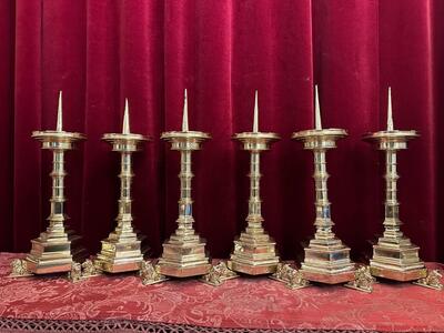 Matching Candle Sticks ( Atar - Set ) Height Without Pin. style Gothic - Style en Bronze / Polished and Varnished, Belgium  19 th century ( Anno 1875 )