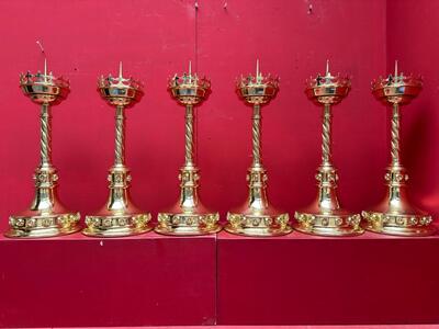 Matching Candle Sticks Height Without Pin. style Gothic - Style en Brass / Bronze / Polished and Varnished, Belgium  19 th century ( Anno 1885 )