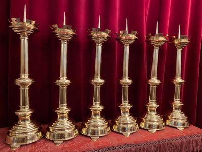 Matching Candle Sticks Altar - Set. Height Without Pin. en Brass /  Polished and Varnished, Belgium  19 th century