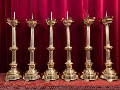 Matching Candle Sticks Altar - Set. Height Without Pin. en Brass /  Polished and Varnished, Belgium  19 th century