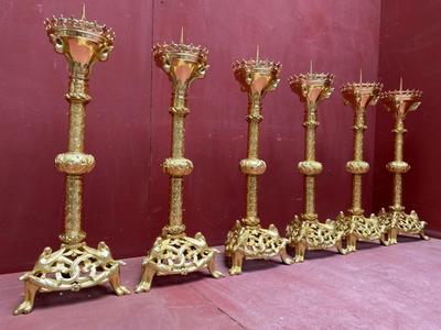 Altar - Set Candle Holders Measures Without Pin Height: 66 Cm. style Romanesque - Style en Bronze / Polished and Varnished, France 19 th century ( Anno 1875 )