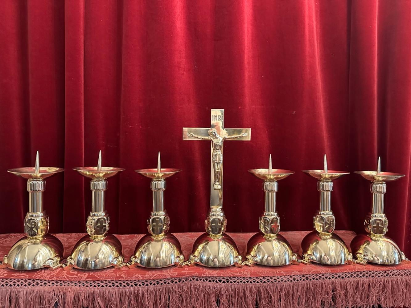 7 art - deco Altar - Set  Candle Sticks With Matching Cross. Measures Candle Sticks Without Pin