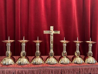 Altar - Set  Candle Sticks With Matching Cross. Measures Candle Sticks Without Pin style art - deco en Brass / Bronze / Polished and Varnished, Belgium  20 th century ( Anno 1930 )