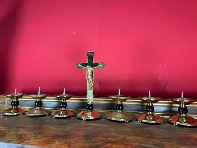 Altar - Set Matching Candle Sticks With Cross. Measures Candle Sticks Without Pin style art - deco en Brass / Bronze / Ebony Wood, Belgium  20 th century ( Anno 1930 )