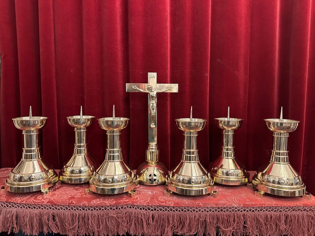 7 art - deco Altar - Set Matching Candle Sticks With Cross. Measures Candle Sticks Without Pin