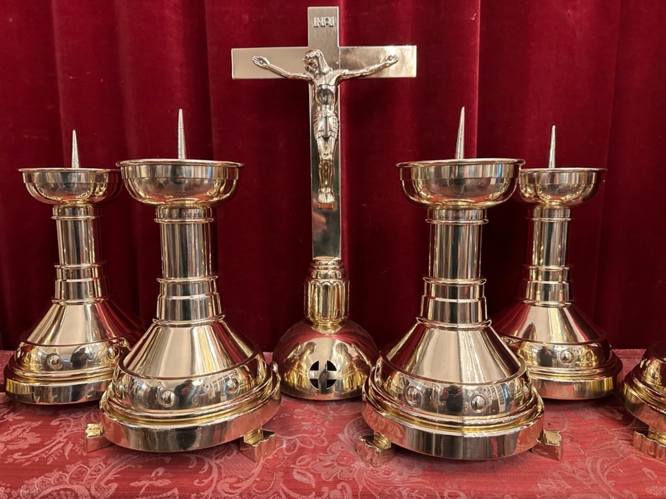 7 art - deco Altar - Set Matching Candle Sticks With Cross. Measures Candle Sticks Without Pin