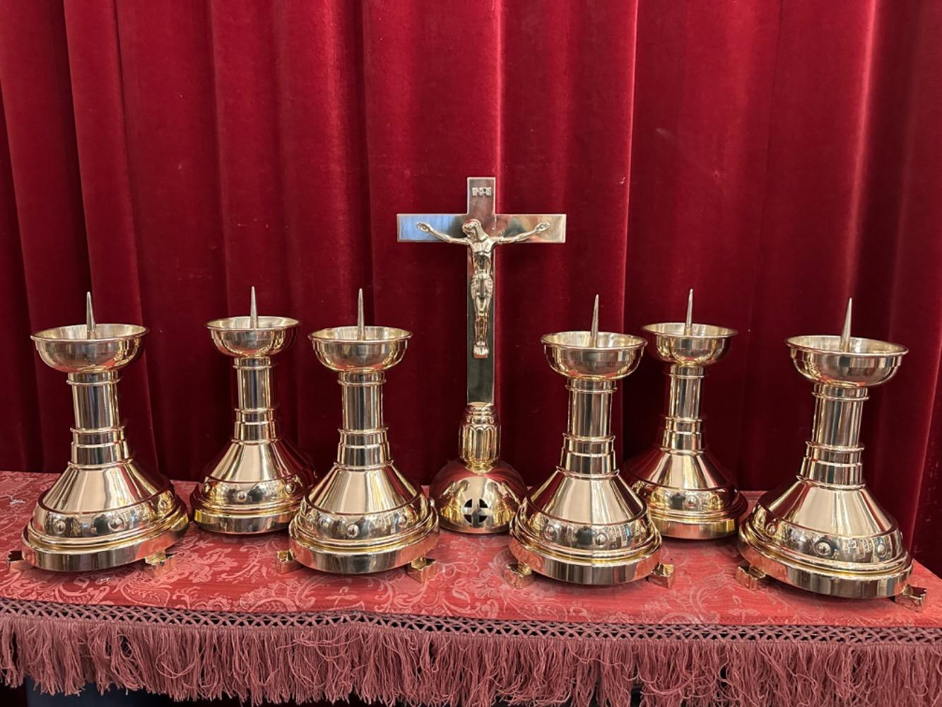 7 art - deco Altar - Set Matching Candle Sticks With Cross. Measures Candle Sticks Without Pin