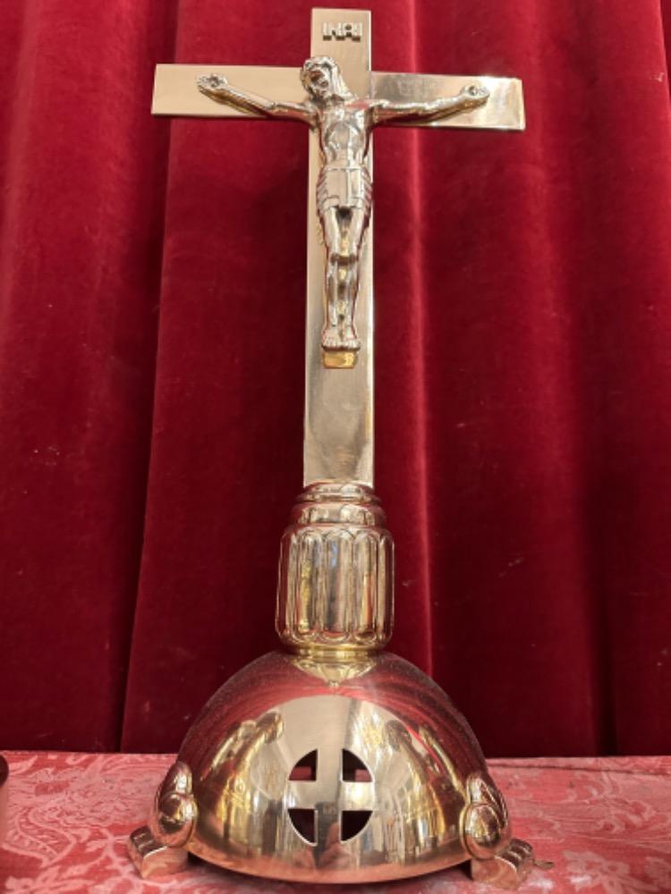 7 art - deco Altar - Set Matching Candle Sticks With Cross. Measures Candle Sticks Without Pin