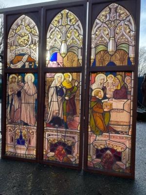 Stunning Series Of High Quality Stained Glass Windows style Gothic - style en Stained Glass / Wooden Frames, Belgium 19 th century ( Anno 1875 )