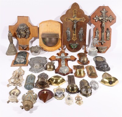 Very Large Collection Holy Water Holders en Wood / Glass / Brass / Porcelain / Composite Etc.., 20 th century