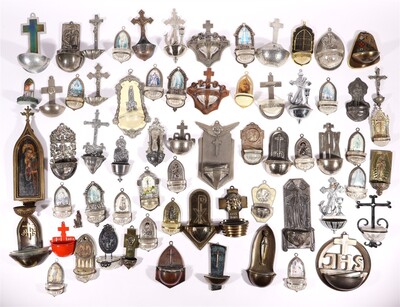 Very Large Collection Holy Water Holders en Wood / Glass / Brass / Porcelain / Composite Etc.., 20 th century