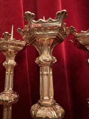 Matching Candle Sticks Height Without Pin. style Gothic - Style en Brass / Bronze / Polished and Varnished, Belgium  19 th century ( Anno 1885 )