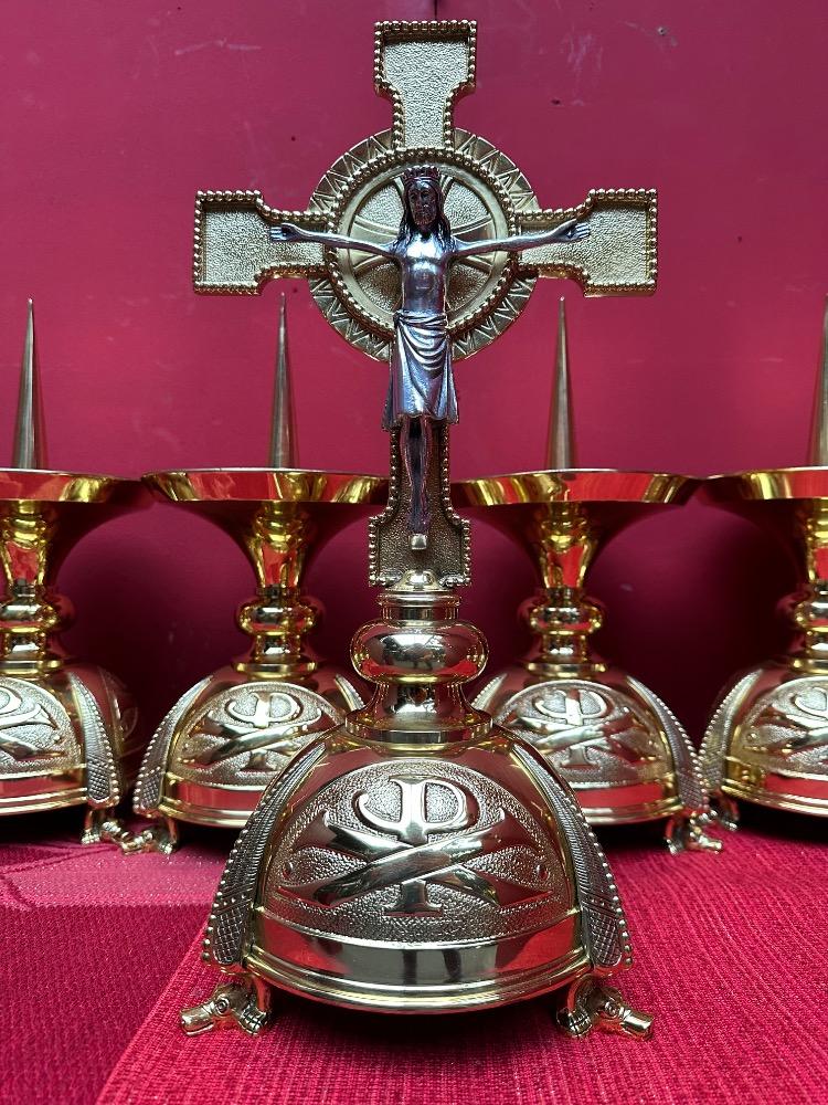 9 Art Nouveau  High Quality Altar - Set Matching Candle Sticks With Cross. Measures Candle Sticks Without Pin