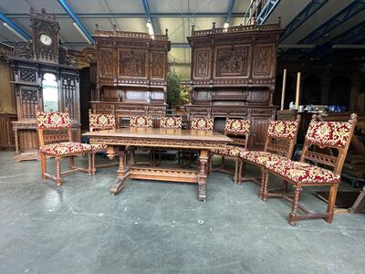 Table Adjustable With Chairs style Gothic - Style en Oak wood / Fabrics, France 19 th century