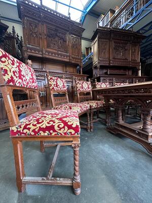 Table Adjustable With Chairs style Gothic - Style en Oak wood / Fabrics, France 19 th century