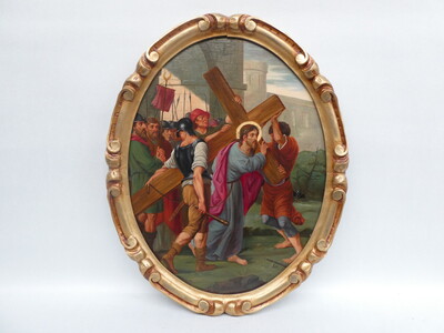 Complete Series : 14 Stations Of The Cross. Expected Better Pictures Soon ! en Wooden Frames / Hand - Painted Oil on Linen, Belgium  19 th century