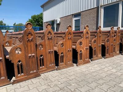 18 Pews With 6 Front Parts 10 Pews 335 Cm Sold ! style Gothic - Style en Oak Wood, Dutch 20th century