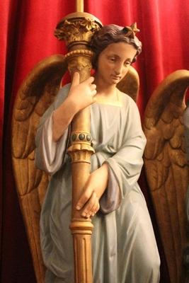 Matching Pair Of Angels With Lighting. Height Without Lights 90 Cm. style Gothic - style en Terra-Cotta polychrome, France 19th century ( anno 1875 )