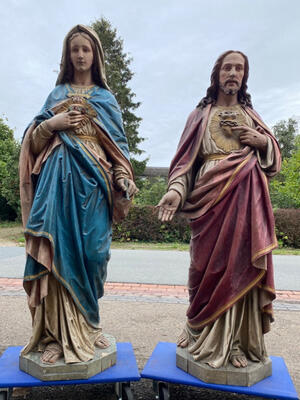 Pair Of Fully Hand - Carved Matching Statues : Sacred Hearts Of St. Mary & Jesus style Gothic - style en Hand - Carved Wood , France 19 th century ( Anno 1880 )
