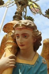 Angels. Height Angels Without Chandeliers: 100 Cm. en Terra-Cotta polychrome, France 19th century