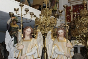 Angels. Total Height : 180 Cm. With Chandeliers. en Terra-Cotta polychrome, France 19th century