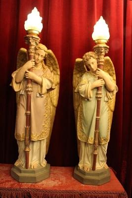 Angels With Torches en plaster polychrome, France 19th century