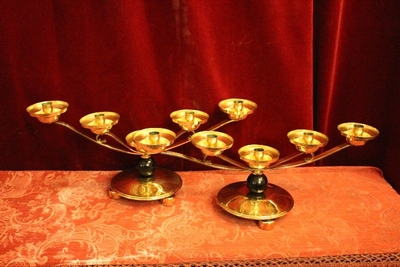 Candle Holders style ART - DECO en Brass / Bronze / Ebony wood /New Polished and Varnished, Belgium 20th century (Anno 1930)