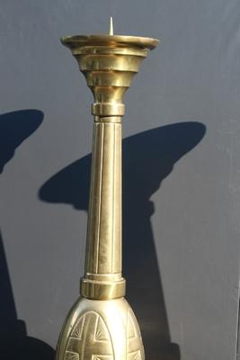 Exceptional Candle Sticks Height 185 Cm ! style ART - DECO en Brass Some Parts Hand Hammered / Wood Oak, Dutch 20th century ( anno 1930 )
