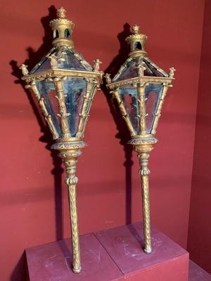 Exceptional Pair Of Large Baroque Venetian Lanterns  style Baroque en wood polychrome / Glass, Italy 18 th century