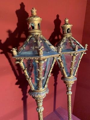 Exceptional Pair Of Large Baroque Venetian Lanterns  style Baroque en wood polychrome / Glass, Italy 18 th century
