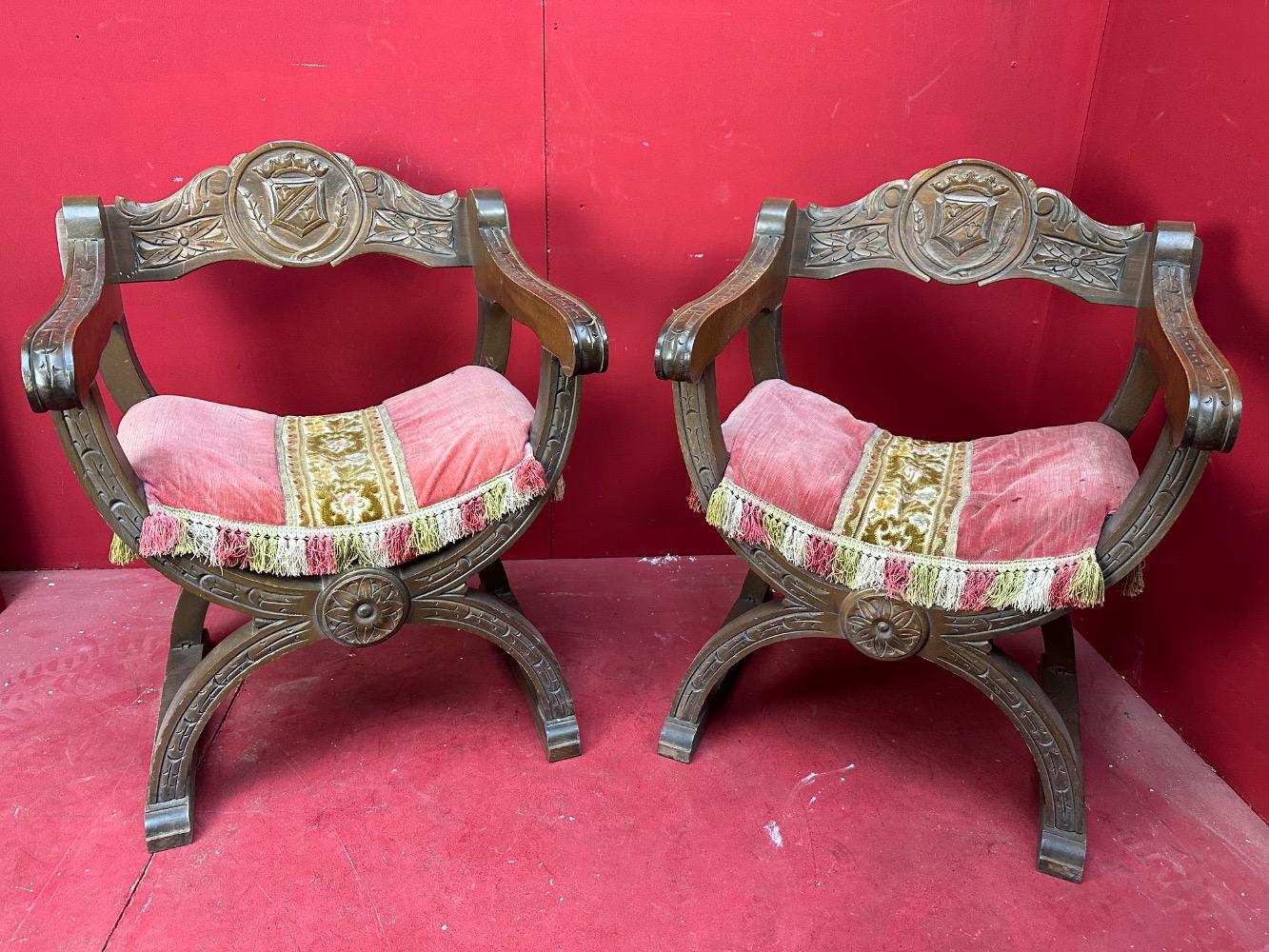 Pair  Classicistic Dagobert Curule Armchairs Carved Walnut