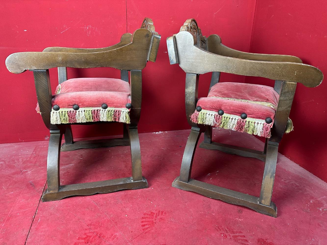 Pair  Classicistic Dagobert Curule Armchairs Carved Walnut