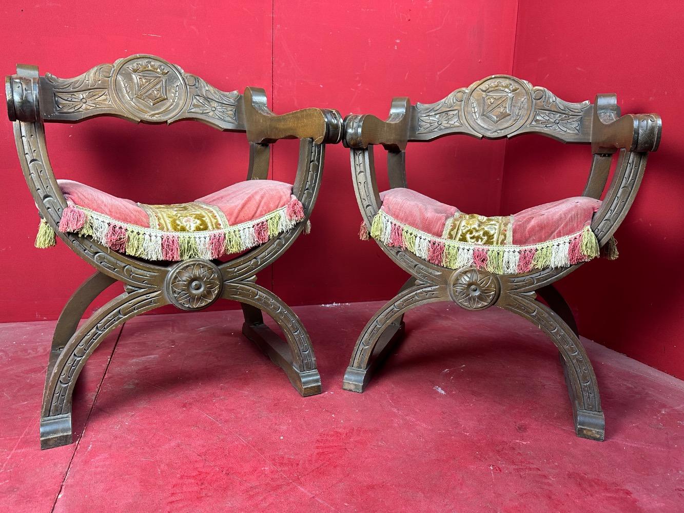 Pair  Classicistic Dagobert Curule Armchairs Carved Walnut