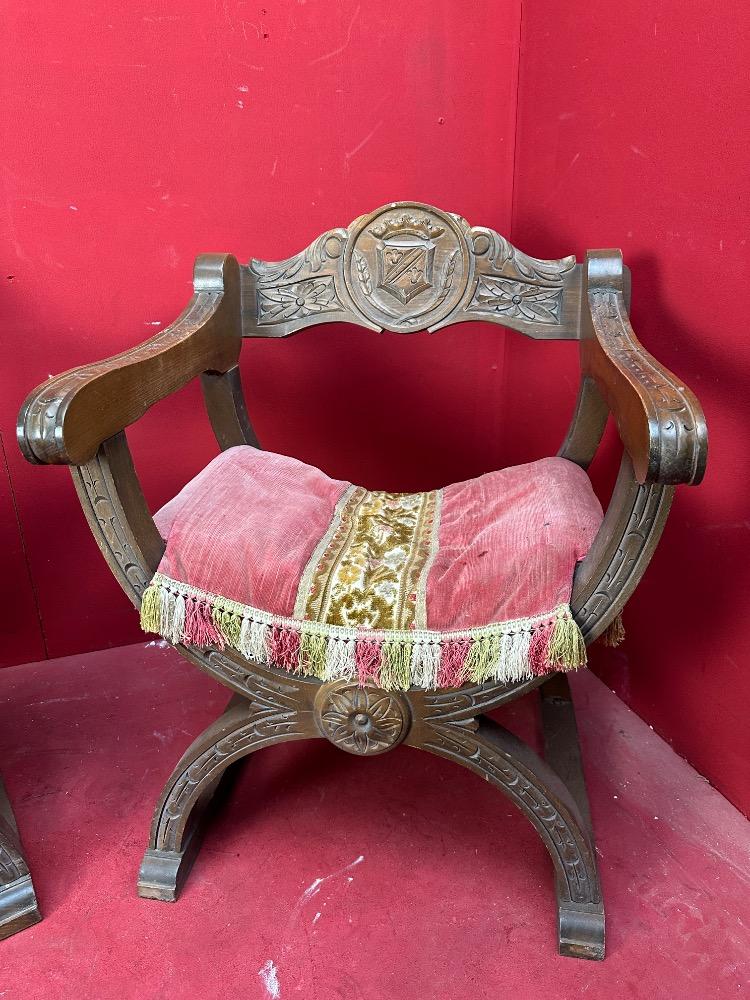 Pair  Classicistic Dagobert Curule Armchairs Carved Walnut