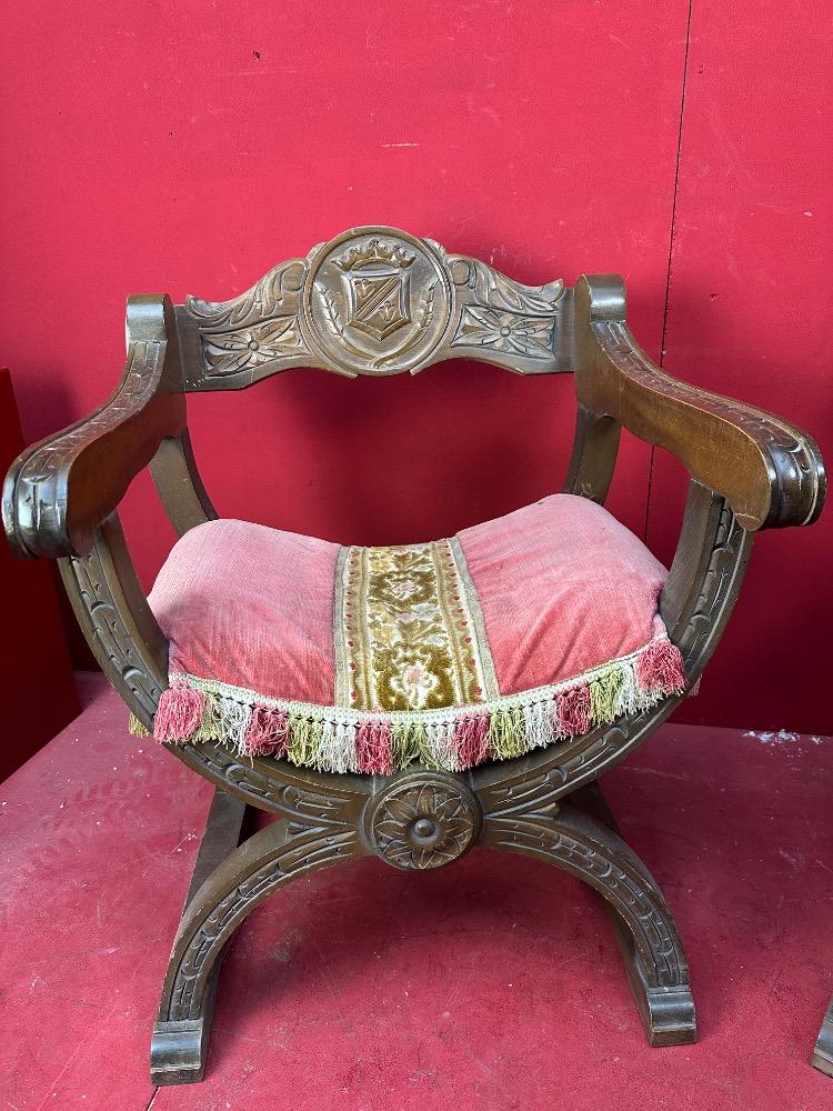 Pair  Classicistic Dagobert Curule Armchairs Carved Walnut