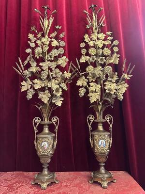 Pair Classicistic Exceptional Floral Altar Pieces 140 Cm High ! Very High Quality Enamel Representations Of St. Mary & St. Joseph