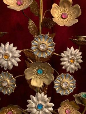 Flower Candle Holders en Brass / Bronze / Gilt / Stones / Enamel, France 19th century