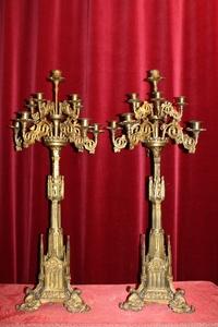 Exceptional Candle Sticks style Gothic en Full - Bronze - Gilt, France 19th century