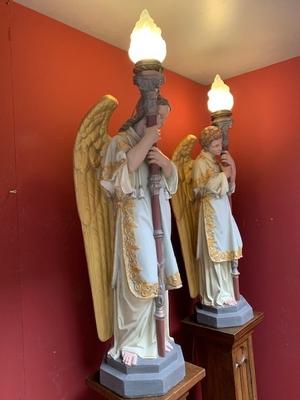 Angels With Standing Pedestals Height Angels 122 Cm. Height Pedestals 120 Cm. Also For Sale Seperate. style Gothic - style en Plaster Polychrome / Oak Wood, Belgium / France 19th century
