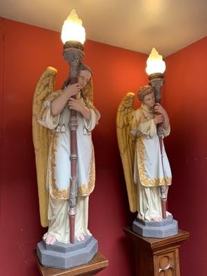 Angels With Standing Pedestals Height Angels 122 Cm. Height Pedestals 120 Cm. Also For Sale Seperate. style Gothic - style en Plaster Polychrome / Oak Wood, Belgium / France 19th century