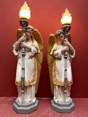 Angels With Torches  style Gothic - style en Composite Polychrome / Torches Glass, Belgium 19th century